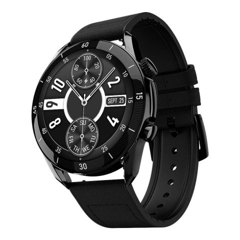 Zero 1.43" Amoled HD Display Crown Smart Watch, IP68 Water Resistant, Black Leather