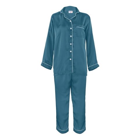 Basix Women's 2-Piece Pajama Set Night Suit, Silk Shirt & Trouser, Steel Blue, SW-108