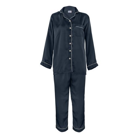 Basix Women's 2-Piece Pajama Set Night Suit, Silk Shirt & Trouser, Navy Blue, SW-110