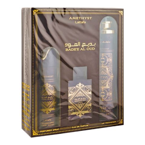 Lattafa Amethyst Badee Al Oud Gift Set: Eau de Parfum 100ml+Body Spray 200ml+Air Freshener 300ml, 3-Pack