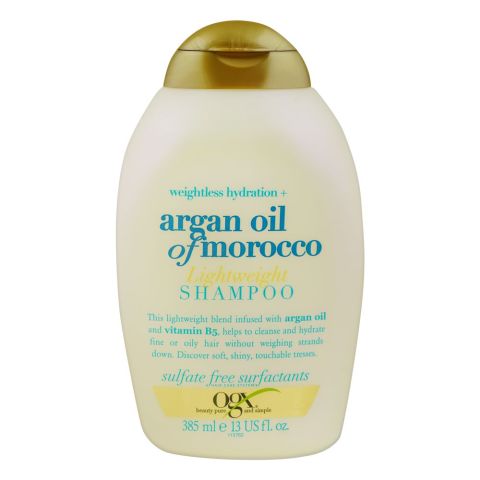 OGX Weightless Hydration Argan Oil Of Morocco Shampoo, Sulfate Free, For Fine Hair, 385ml