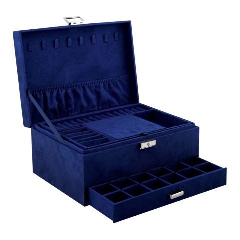 AJF Velvet 3 Layer Jewelry Organizer Case, Display Storage Box with Lock and drawer, Navy Blue