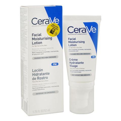 CeraVe PM Facial Moisturizing Lotion with Hyaluronic Acid and Ceramides, For Normal & Dry Skin, 52ml