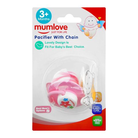 Mum Love Pacifier With Chain, BPA Free, For 3 Months+, Pink PA-51