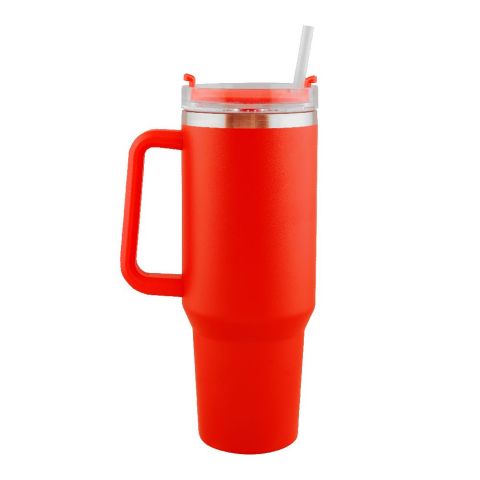 Stainless Steel Insulated Travel Coffee Tumbler with Handle & Straw Lid, Red, (1971-1) 0000985