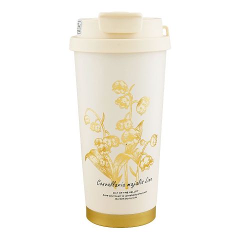 Floral Stainless Steel Vacuum Insulated Thermos Flask Travel Coffee Mug with Straw, 520ml, White, 0001233