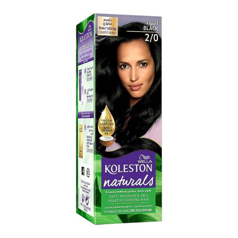 Wella Koleston Naturals Permanent Hair Color Cream Kit - Salon Quality Hair Dye, 2/0 Black