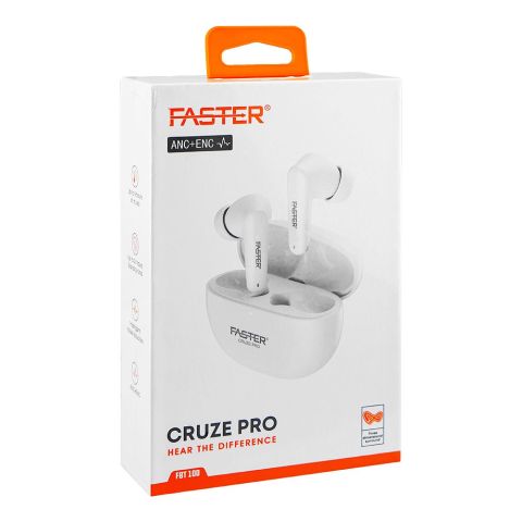 Faster Cruze Pro ANC+ENC Wireless Earbuds, 25H Playtime, White, FBT-100