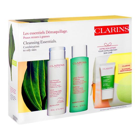 Clarins Paris Cleansing Milk 200ml+Toning Lotion 200ml+Scrub 15ml+Beauty Purse, For Combination & Oily Skin, 4-Pack