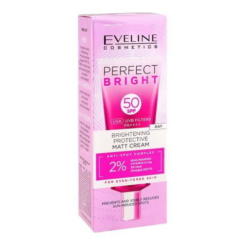 Eveline Brightening Protective Matt Day Cream SPF50, Anti Spots Sunscreen, For Even Toned Radiant Skin, 30ml