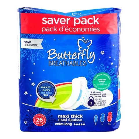 Butterfly Breathable Maxi Thick Sanitary Pads, Extra Large, 26-Pieces Value Pack