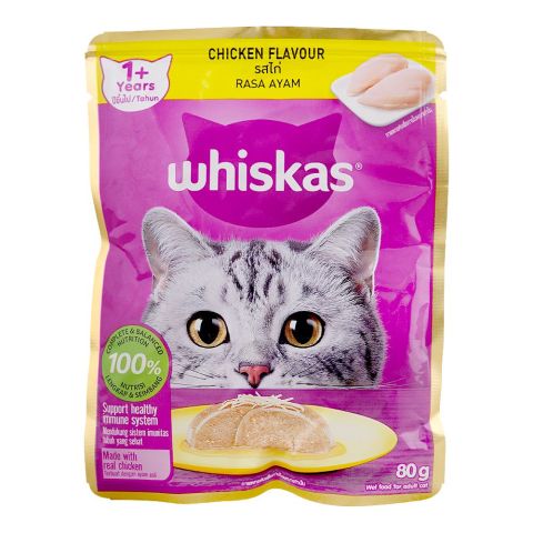 Whiskas Chicken Flavour Wet Food For Adult Cats (For 1+ Years), 80g Sachet