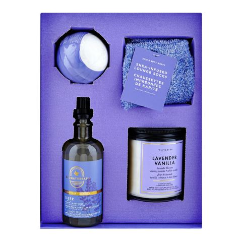 Bath & Body Works Lavender Vanilla Gift Set: 156ml Sleep Body Mist+Candle+Bath Fizzy Ball+Socks, For Women, 4-Pack