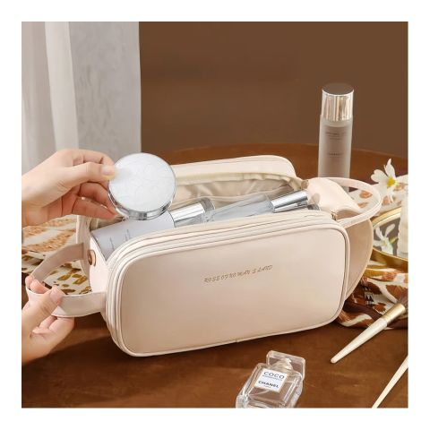 Large Waterproof Leather Makeup Bag, Portable Travel Cosmetic Organizer, White