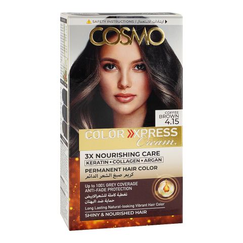 Cosmo Color Xpress 3X Nourishing Care Permanent Hair Color - Salon-Quality Hair Dye, 4.15 Coffee Brown