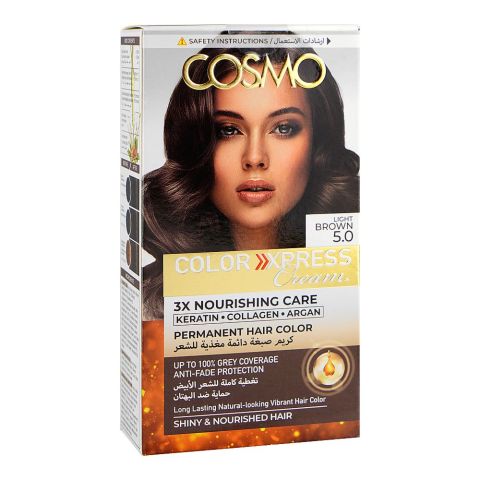 Cosmo Color Xpress 3X Nourishing Care Permanent Hair Color - Salon-Quality Hair Dye, 5.0 Light Brown