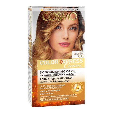 Cosmo Color Xpress 3X Nourishing Care Permanent Hair Color - Salon-Quality Hair Dye, 8.0 Light Blonde