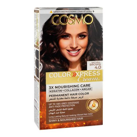 Cosmo Color Xpress 3X Nourishing Care Permanent Hair Color - Salon-Quality Hair Dye, 4.0 Natural Brown
