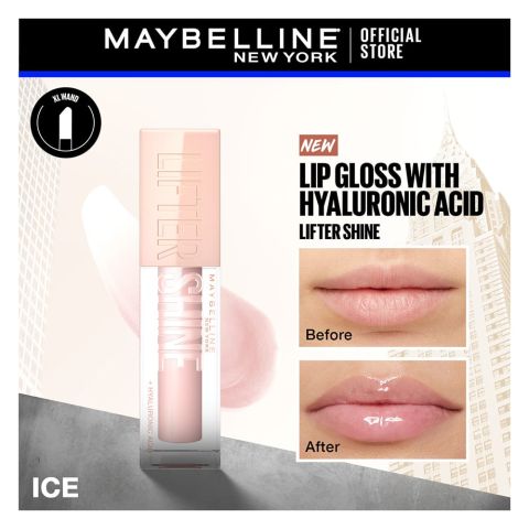 Maybelline New York Lifter Gloss - Hydrating & Shiny Lip Gloss with Hyaluronic Acid, 5.4ml, 002 Ice