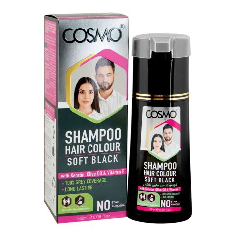 Cosmo Shampoo Hair Color - Long Lasting Hair Dye, No Ammonia, Soft Black, 180ml