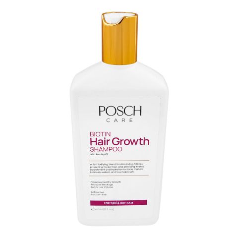 Posch Care Biotin Hair Growth Shampoo with Rosehip Oil, Sulphate & Paraben Free, For Thin & Dry Hair, 400ml