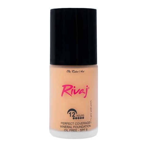 Rivaj UK Perfect Coverage Mineral Liquid Foundation, Oil Free, SPF 8, 12H Wear, 30ml, No.10