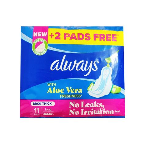 Always Aloe Vera Freshness Maxi Thick Long Pads, 11-Pack+2 Free Pads