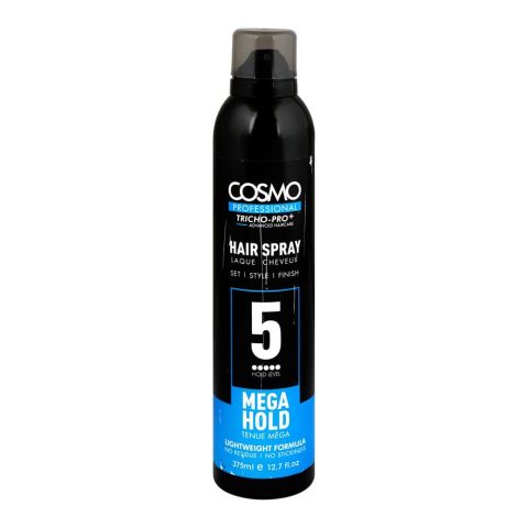 Cosmo Professional Mega Hold Hair Spray, Level 5, Lightweight Formula, 375ml