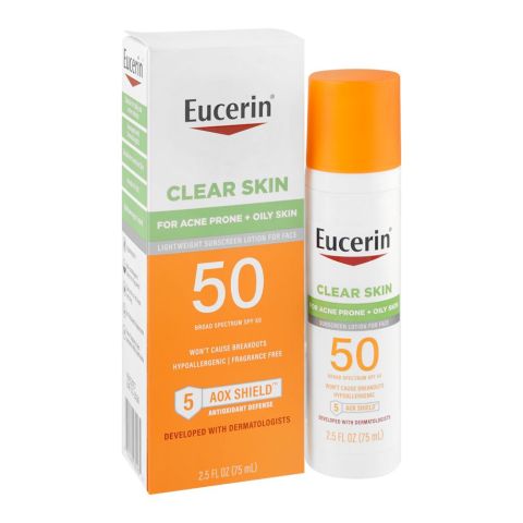 Eucerin Clear Skin Sunscreen Lotion, Broad Spectrum SPF50, For Acne Prone+Oily Skin, 75ml