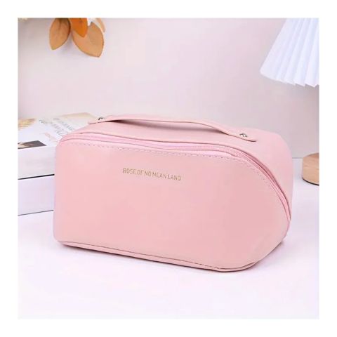 Large Capacity Leather Cosmetic Bag, Travel Makeup Organizer, Pink