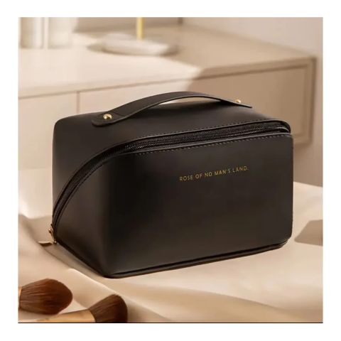 Large Capacity Leather Cosmetic Bag, Travel Makeup Organizer, Black