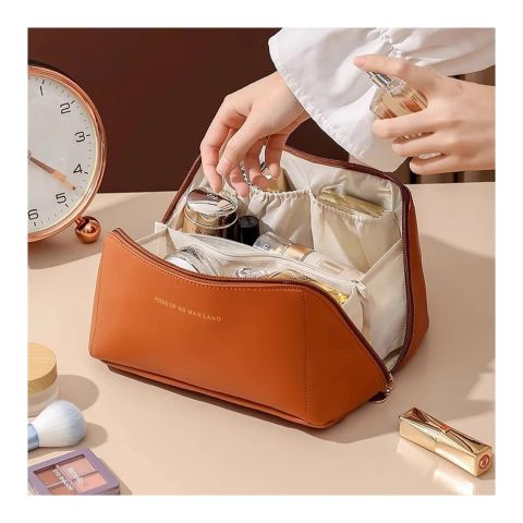 Large Capacity Leather Cosmetic Bag, Travel Makeup Organizer, Brown