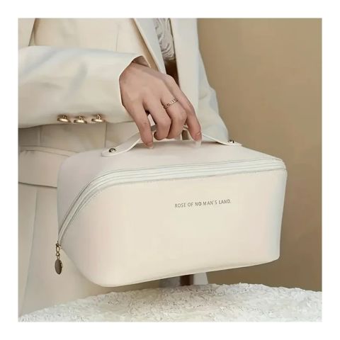 Large Capacity Leather Cosmetic Bag, Travel Makeup Organizer, White