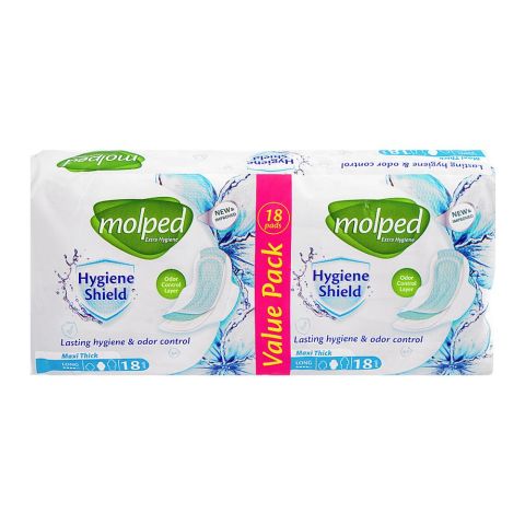 Molped Extra Hygiene Shield Maxi Thick Sanitary Pads, Long, 18 Pads Value Pack