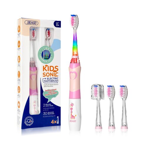 Seago Kids Sonic Electric Toothbrush with 4 Brush Heads, IPX7 Waterproof, For 3+ Years, Pink, SG-977