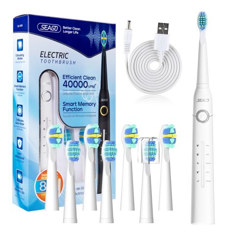 Seago Electric Toothbrush with 8 Brush Heads, 5 Cleaning Modes, IPX7 Waterproof, For Adults, White, SG-958