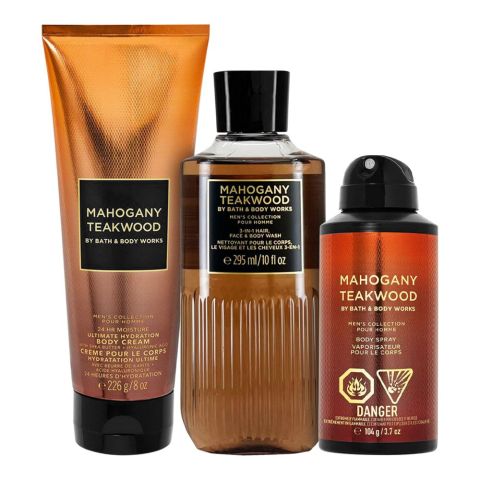 Bath & Body Works Mahogany Teakwood Gift Set, For Mens, 295ml Body Wash + 266g Body Cream + 104g Body Spray, 3-Pack