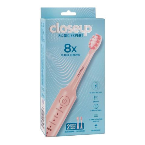 Closeup Sonic Expert 8x Plaque Removal Rechargeable Toothbrush, 2 Brush Heads, 700mAh