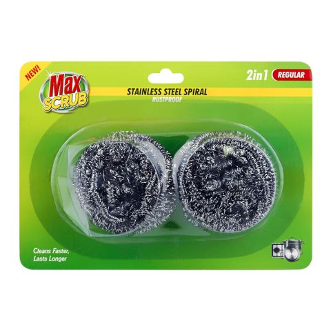 Max Scrub Stainless Steel Spiral, Rust Proof, 2-In-1 Regular, 2-Pack