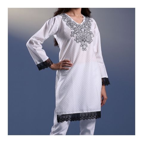 Basix Women's Loungewear Embroidered Vanilla White Lawn Shirt With Black Net, LS-504