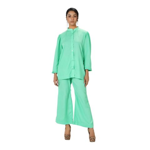 Basix Women's Aqua Co-Ord Set Frill Cuff & Bell Bottom Trouser, CORD-101