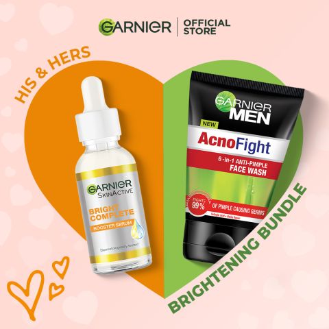 Garnier His & Hers Brightening Bundle - Vitamin C Serum 30ml + Men Acno Fight Facewash 50ml