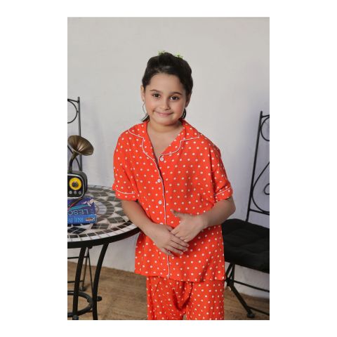 Basix Girls Polka Dots Short Sleeves Nightwear, Orange & White, 2 Piece Sleepwear Pajamas Set, GRL-163