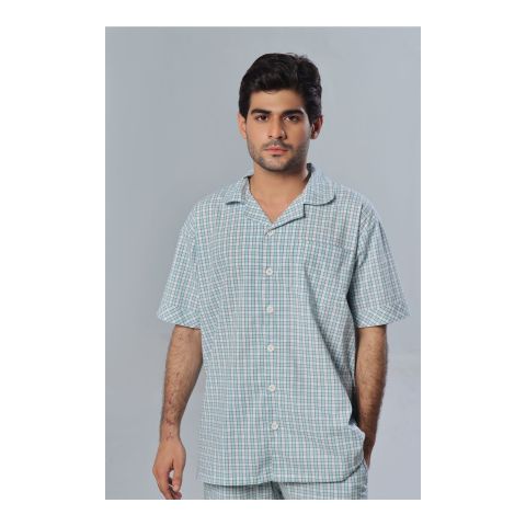 Basix Men's Cotton Checked 2-Piece Loungewear Set, Sea Green & White, LW-823