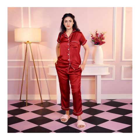 Basix Women's Silk Pajama Set Night Suit, Maroon, SW-114
