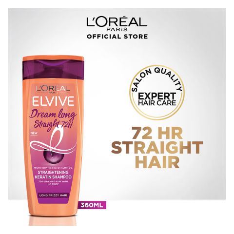 L'Oreal Paris Elvive Dream Long Straight 72Hrs Straightening Keratin Shampoo, Micro Keratin & Black Cumin Oil, For Long Frizzy Hair, 360ml