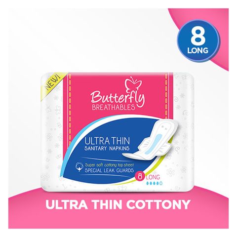 Butterfly Breathables Ultra Thin Sanitary Napkins, Super Soft Cotton Topsheet, Large, 8 Pads