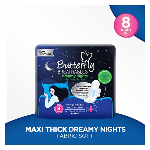 Butterfly Breathable Dreamy Nights, Maxi Thick, Prevents Leaks At Night, Extra Long 8-Pads