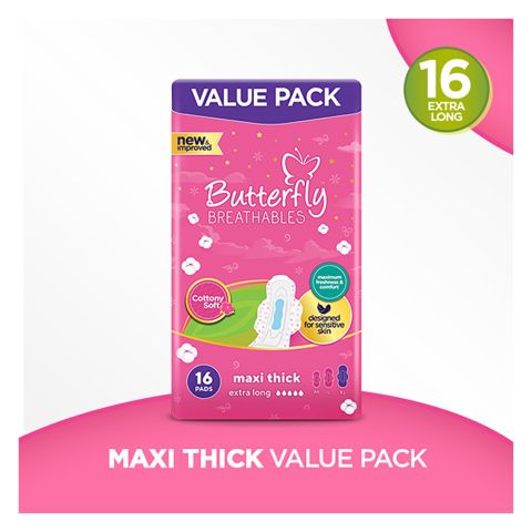 Butterfly Breathable Cottony Soft, Maxi Thick, Extra Long 16-Pads, Value Pack