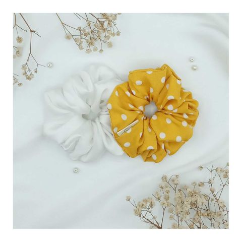 Sandeela Combo 1 Classic Scrunchies, White + Yellow Polka Dots, 2-Pack, M03-08-2300